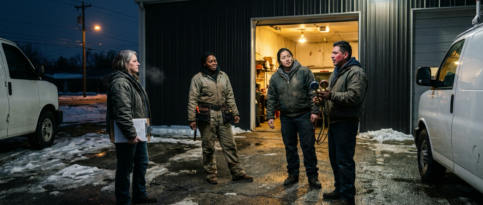 Representative photography from the Reviews page — crew on site