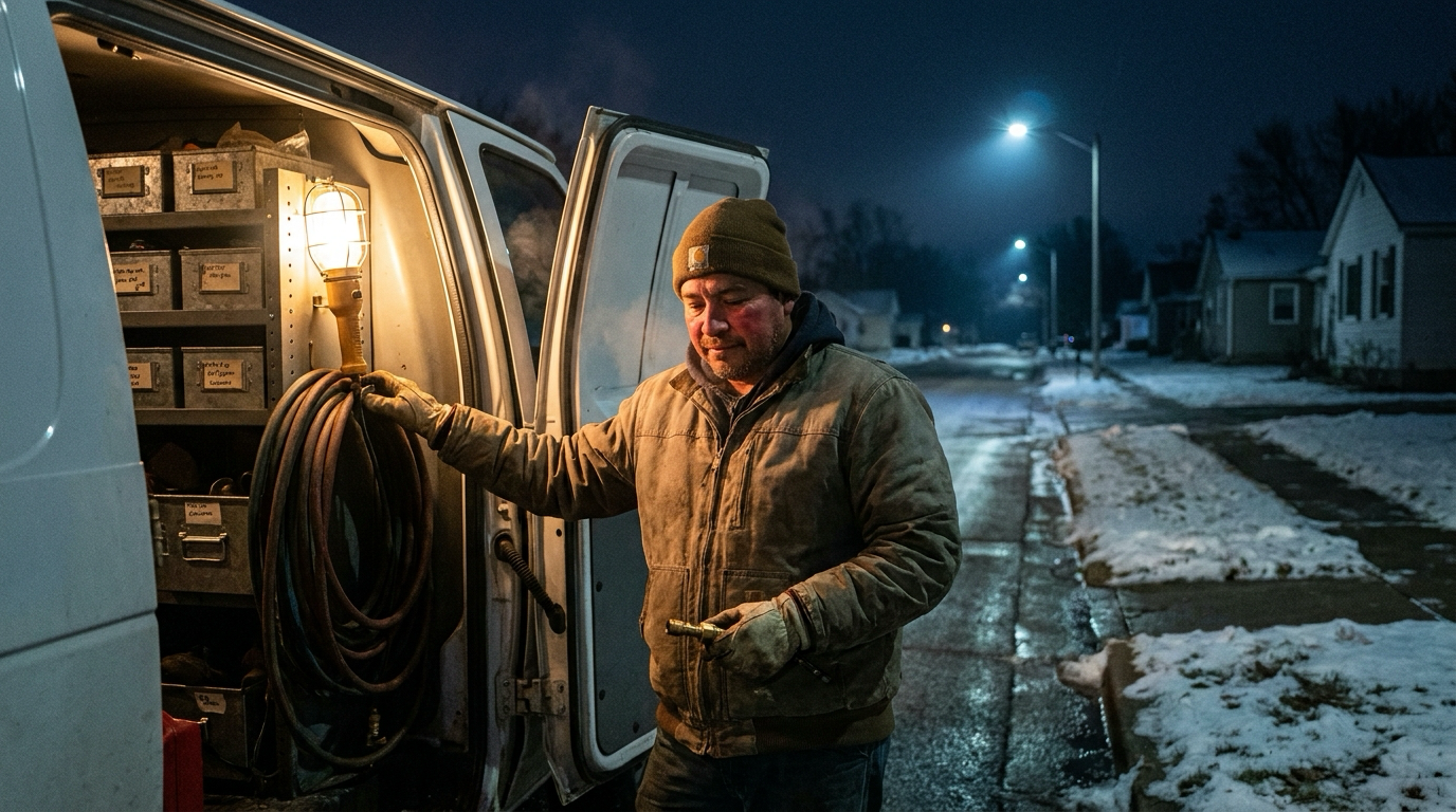 Representative photography from the Home page — night-service van at the open rear doors