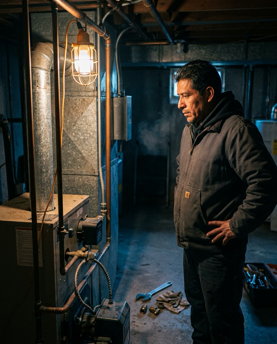 Representative photography from the FAQ page — boiler service job
