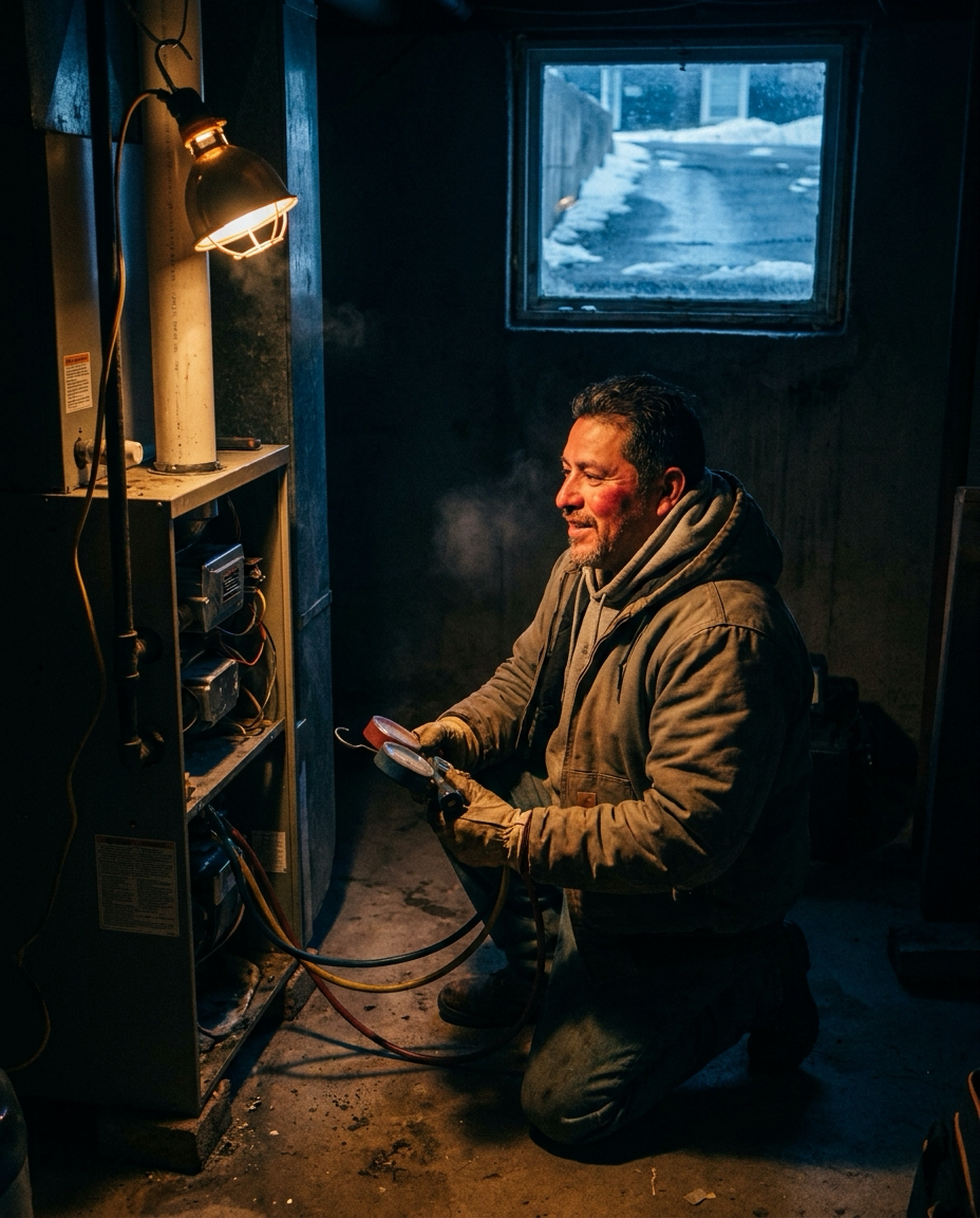 Representative photography from the Service Detail page — furnace service job