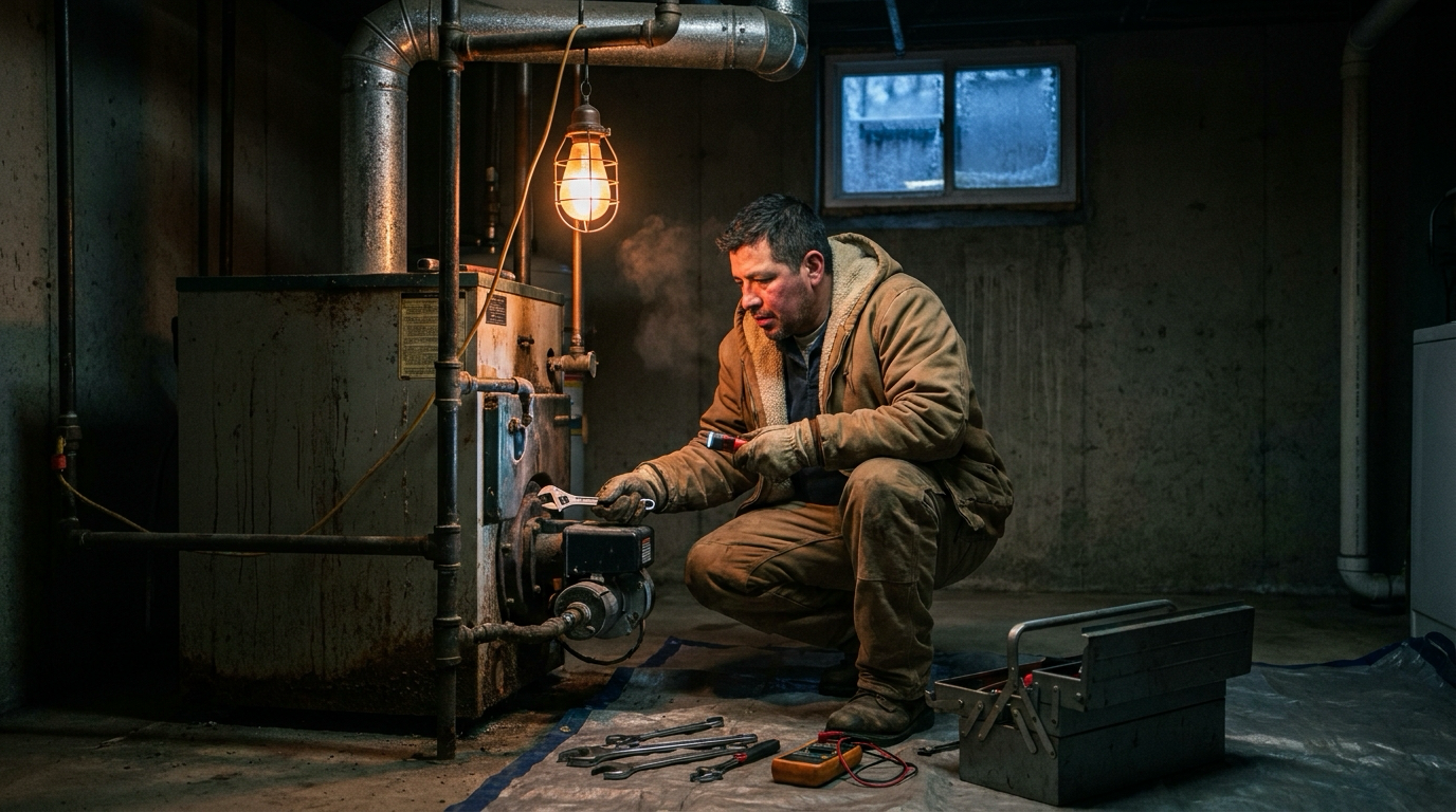 Representative photography from the Services page — heating equipment install